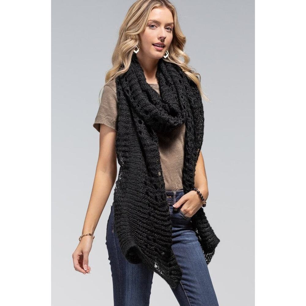 Women's Black Long Elegant Open Knit Oblong Scarf.